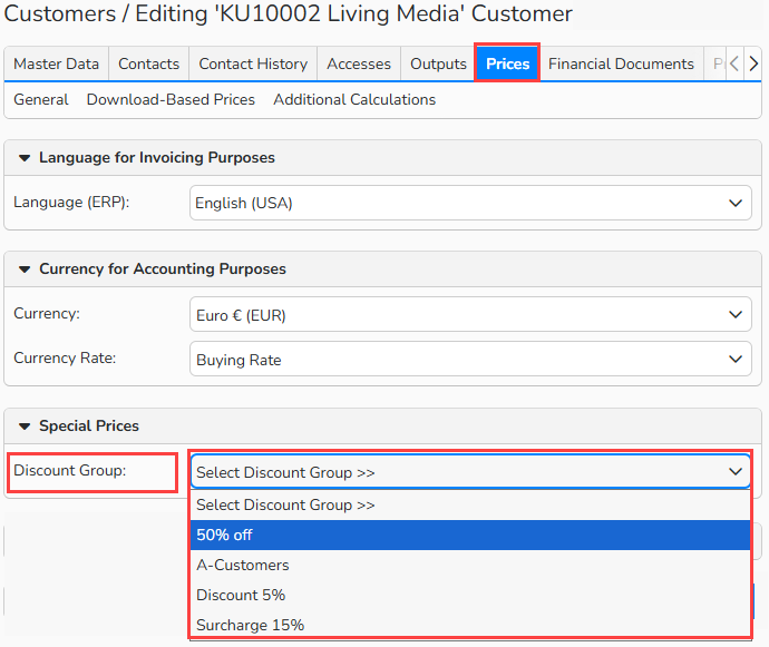 Screenshot of Customer master data window with the Prices tab open and highlighted. The Discount Group dropdown is highlighted and shows the available discount groups.
