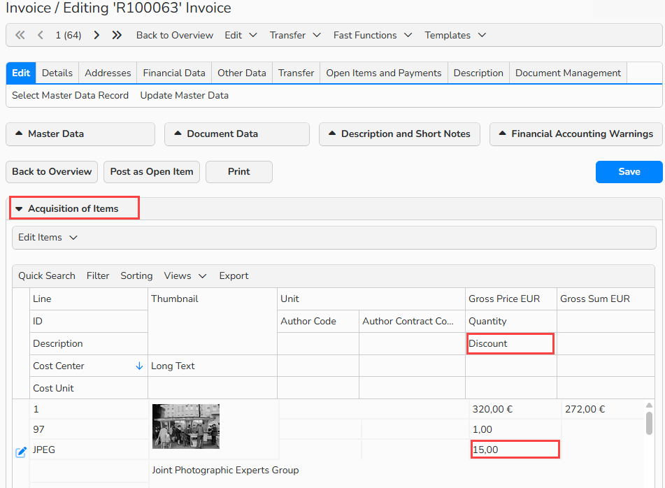Screenshot of Invoice window showing the Invoice items list. The Discount field and the specified discount amount are highlighted.