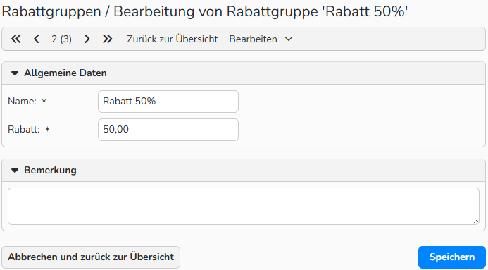 Screenshot eines Rabattgruppen-Fensters mit Anzeige der Einrichtungsmöglichkeiten.