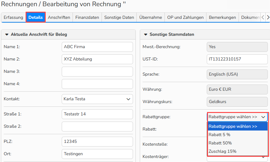Screenshot des Rechnungsfensters mit geöffnetem und hervorgehobenem Register ‚Details‘. Das Dropdown-Feld ‚Rabattgruppe‘ ist hervorgehoben und zeigt die verfügbaren Rabattgruppen an.