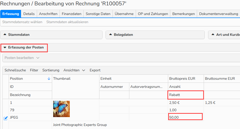 Screenshot des Rechnungsfensters, der die Liste der Rechnungspositionen zeigt. Das Feld ‚Rabatt‘ sowie der angegebene Rabattbetrag sind hervorgehoben.
