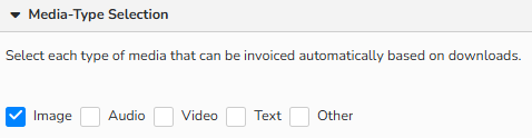 Screenshot displaying options to select media types (images, audio, video, text, other) to be invoiced when they are downloaded