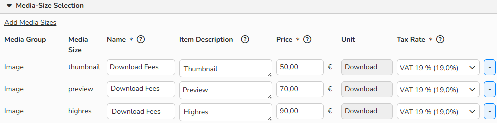 A screenshot of the Download Based Pricing setup showing options to set up default prices and tax rates for selected media sizes.