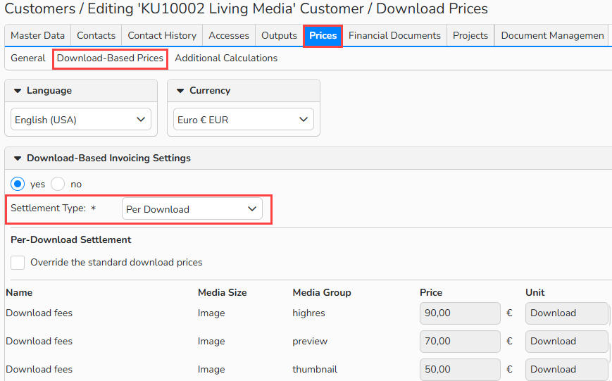 Screenshot of a customer setup window showing options to activate download-based invoicing. The Prices tab, Download-based Prices submenu, and Settlement Type menu are highlighted.