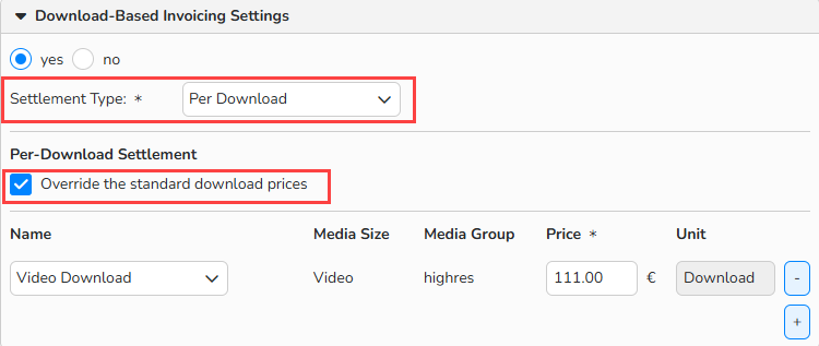 Screenshot showing the options to define specific prices for a Customer with the Override the standard download prices option.