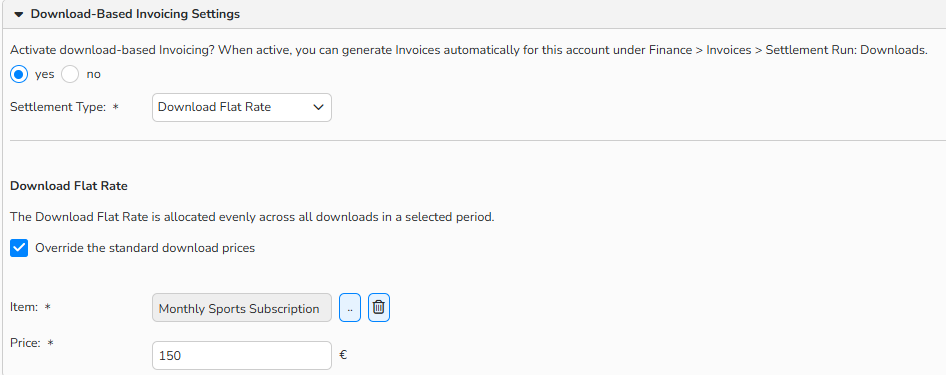 Screenshot showing the options to charge customers a flat rate for the downloads within a time period.