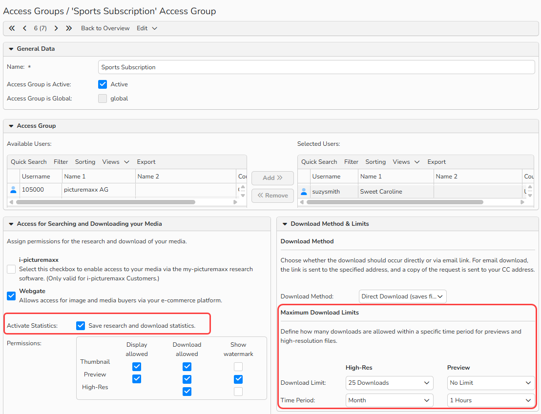 Screenshot showing the Save search and download statistics option in Customer master data window. The options to limit the number of downloads for the customer are highlighted.