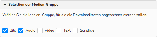 Screenshot, der Optionen zur Auswahl von Medientypen (Bilder, Audio, Video, Text, Sonstiges) anzeigt, die beim Herunterladen in Rechnung gestellt werden sollen.