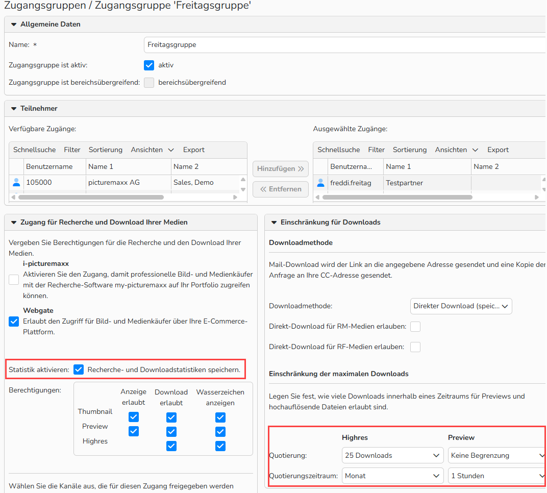 Screenshot, der die Option ‚Recherche- und Downloadstatistiken speichern‘ im Kunden‑Stammdatensatz-Fenster zeigt. Die Optionen zur Begrenzung der Anzahl erlaubter Downloads für den Kunden sind hervorgehoben.