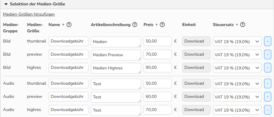 Screenshot der Konfiguration für die Download‑Abrechnung mit Optionen zum Einrichten von Standardpreisen und Steuersätzen für ausgewählte Medien‑Größen.