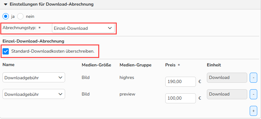Screenshot mit den Optionen zur Festlegung kundenspezifischer Preise mithilfe der Option Standard-Downloadkosten überschreiben.