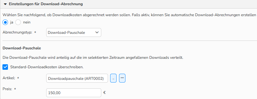 Screenshot der Konfiguration für die Download‑Abrechnung, bei der der Abrechnungstyp Download‑Pauschale ausgewählt ist.