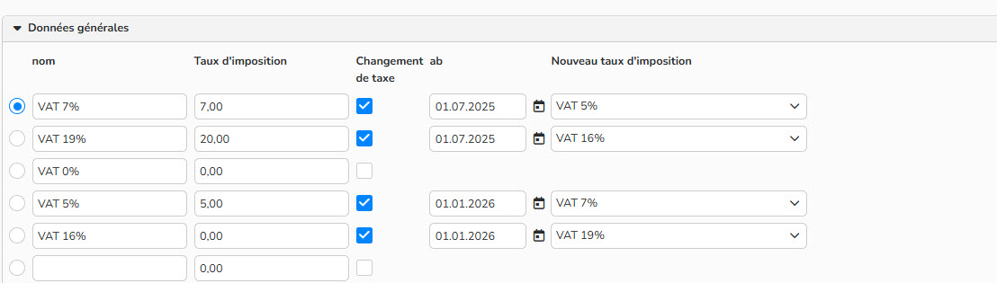 capture d'écran montrant comment modifier temporairement des taux d'imposition