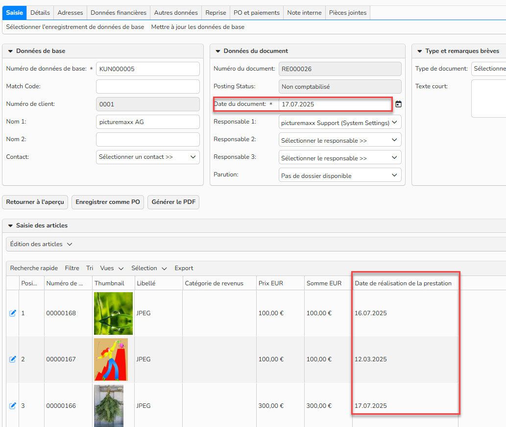 Capture d'écran mettant en évidence la date du document et les date des réalisation de la prestation pour chaque article