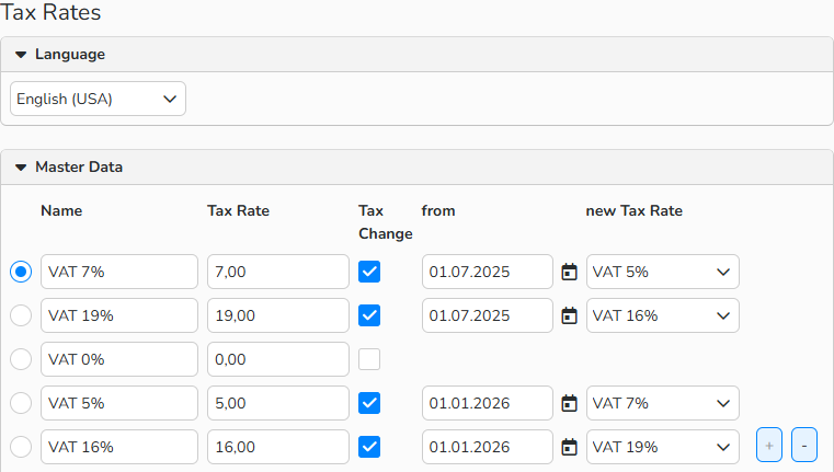 Screenshot of tax rates list with some entries showing active temporary tax changes with start and end dates.