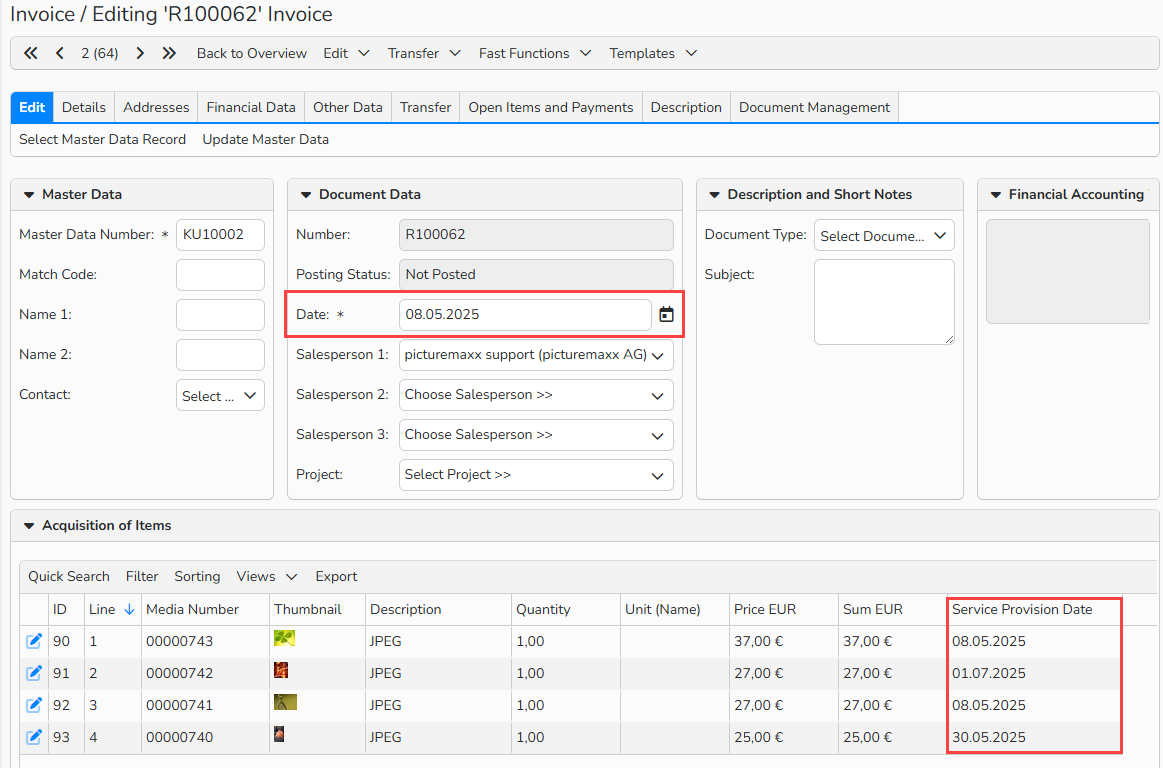 A screenshot of the Invoice window. The Date field is highlighted, and in the table below, the Service Provision Date column is also highlighted, showing the service dates for each invoice item.