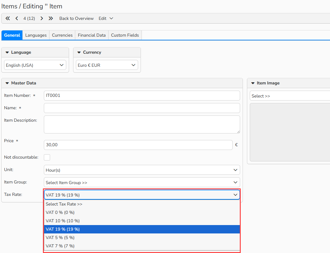 A screenshot of the Items window. The Tax Rate field is open, and the list of available tax rates is highlighted.