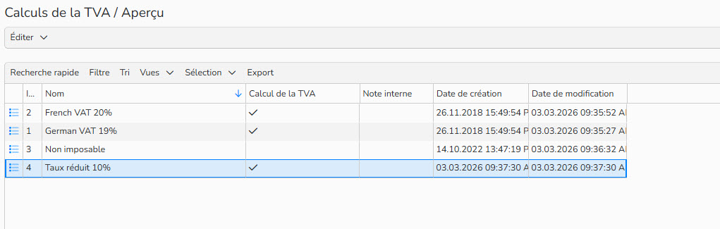 Capture d'écran montrant un aperçu des calculs de TVA enregistrés dans le système