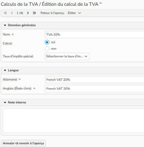 Capture d'écran montrant comment configurer une TVA
