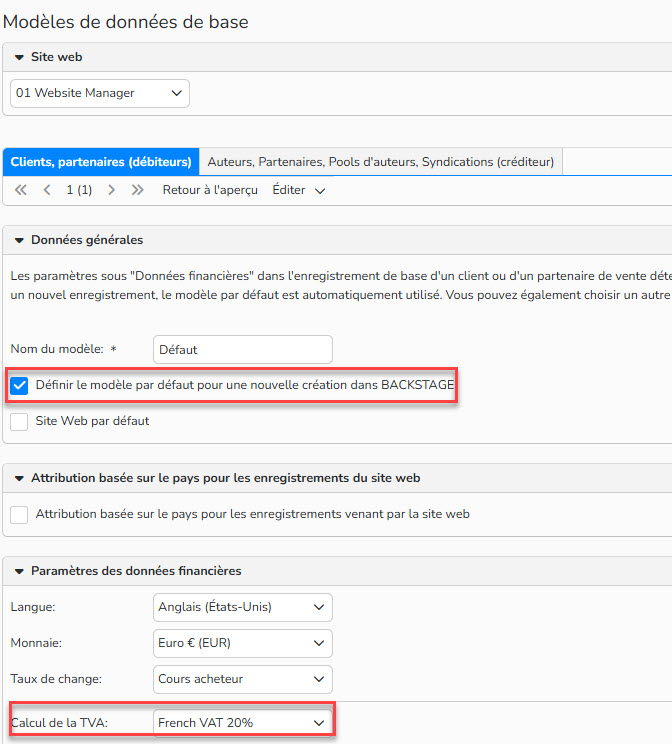 capture d'écran montrant un modèle de données de base pour les clients et partenaires commerciaux. Le calcul de TVA est mis en évidence.