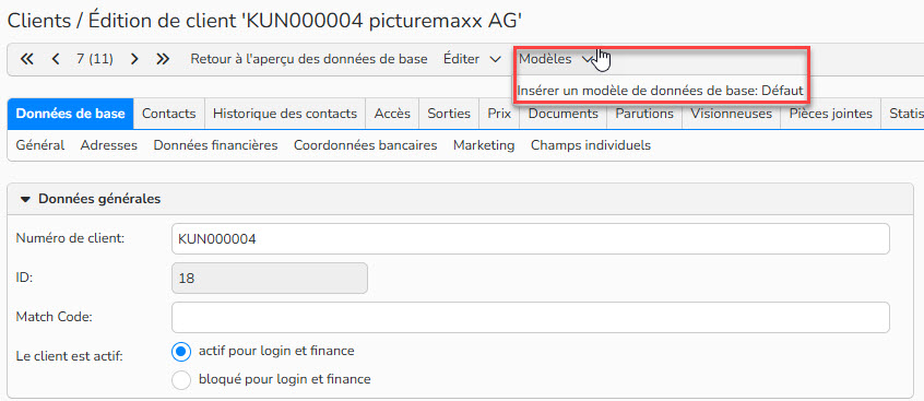 Capture d'écran mettant en évidence le menu Modèles dans les données de base Clients