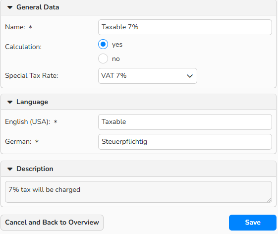 A screenshot of a Tax Calculation dialog showing options to set chargeable or not chargeable, and a field to assign a special tax rate.
