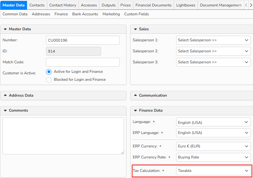 A screenshot of Customer master data with the field to assign a tax calculation (taxable) to the customer is highlighted.