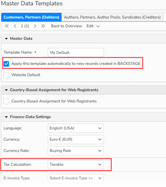 A screenshot of a master data template window with the option activated on the Debtors tab to apply the template to all debtor master data records.