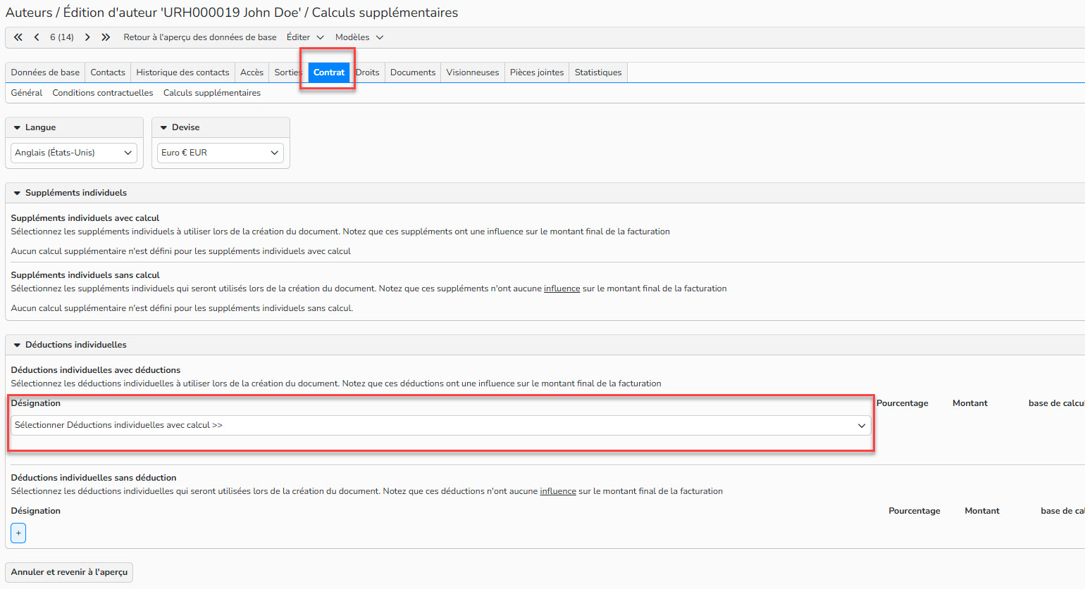 Capture d'écran montrant comment attribuer des suppléments/déductions à des données de base. L'onglet Contrat de l'auteur est mis en évidence.