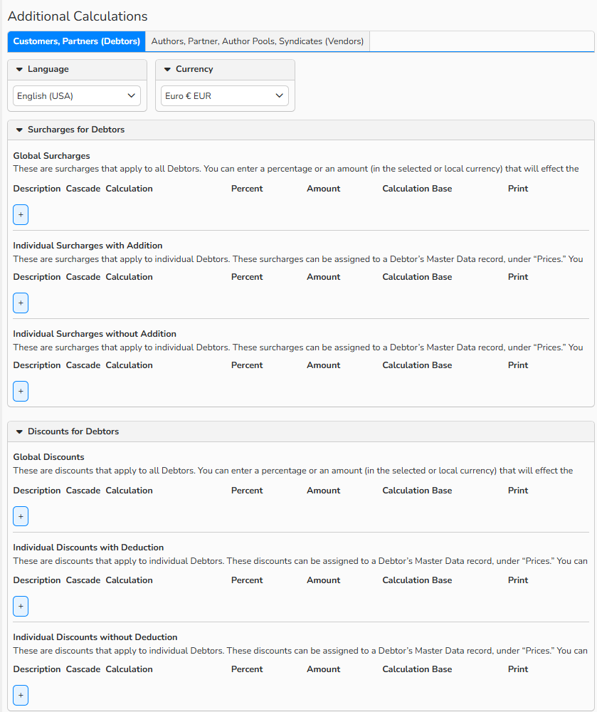 A screenshot of an Additional Calculations setup window showing options to select language, currency and configure surcharges and discounts in the selected Customers, Partners (Debtors) tab.