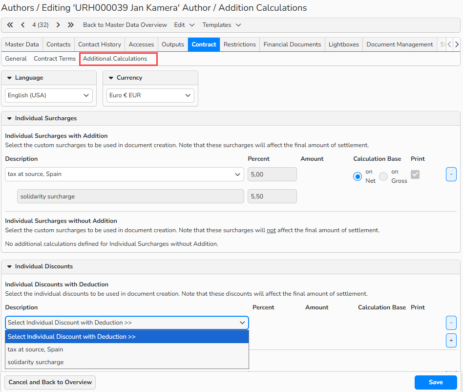 Screenshot of the Author master data with the Contract tab open. The Additional Calculations sub‑menu is highlighted, and the dropdown shows the available discounts.