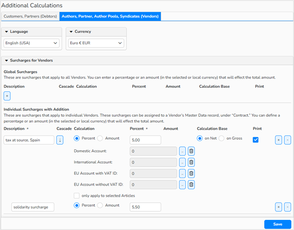 finance_cascade Screenshot of the Additional Calculations window showing an example of Cascade calculation setup in the selected Vendors tab.
