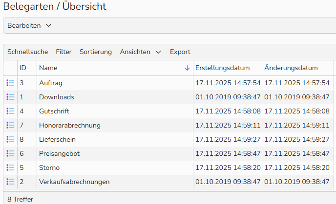 Screenshot eines Fensters mit der Übersicht der Belegarten, das eine Liste von Standard‑ und benutzerdefinierten Belegarten zeigt.