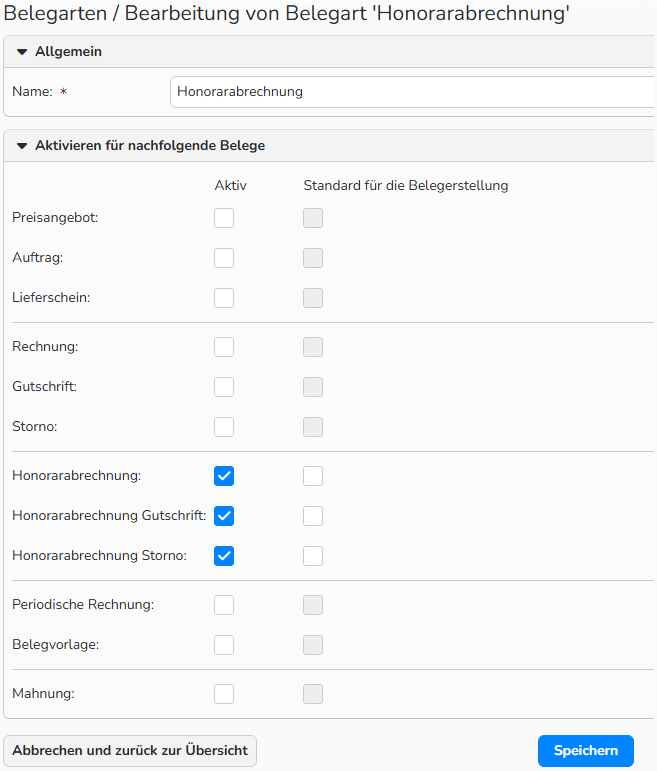 Screenshot eines Fensters zur Einrichtung einer Belegart, das Optionen zur Aktivierung von Finanzbelegen für eine Belegart zeigt.