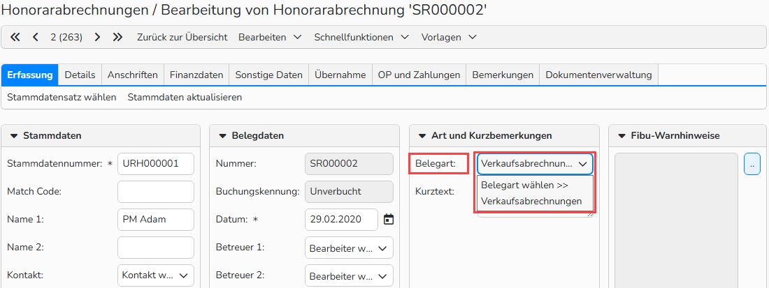 Screenshot eines Fensters zur Einrichtung der Honorarabrechnung, in dem das Dropdown‑Menü Belegart hervorgehoben ist.