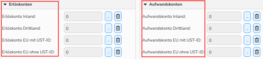 Screenshot von hervorgehobenen Feldern für Erlöskonten und Aufwandskonten im Reiter Finanzdaten, der für Medienartikel, Artikel oder Artikelgruppen verfügbar ist.
