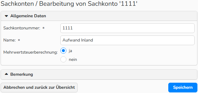 Ein Screenshot eines Fensters für ein Sachkonto, das die verfügbaren Einrichtungsmöglichkeiten zeigt.