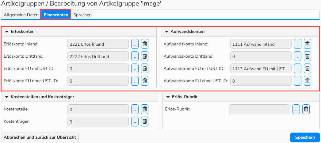 Screenshot eines Fensters zur Einrichtung von Artikelgruppen mit geöffnetem Reiter Finanzdaten. Die Felder für Erlöskonten und Aufwandskonten sind hervorgehoben.