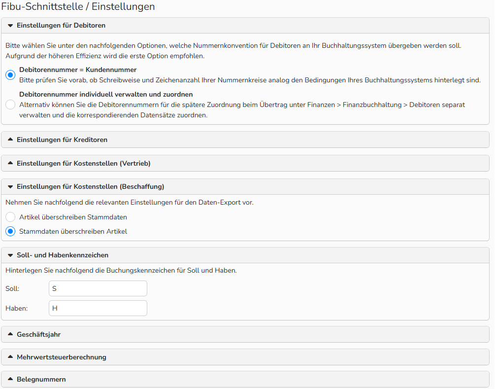 Screenshot eines Fibu‑Schnittstellenfensters, das die Einstellungsoptionen der Finanzbuchhaltungsschnittstelle zeigt.
