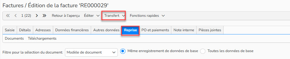 Capture d'écran mettant en évidence l'onglet Transfert ou Reprise