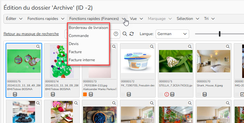 Capture d'écran mettant en évidence le menu Fonctions Rapides (Finances)