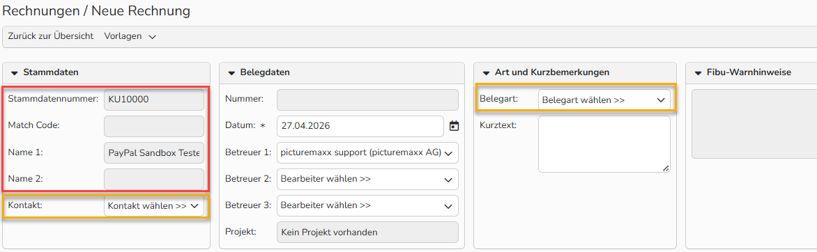 Screenshot des Fensters zur Einrichtung einer neuen Rechnung. Die rot hervorgehobenen Felder zeigen automatisch ausgefüllte Kundendaten, die orange hervorgehobenen Felder markieren optionale Informationen.