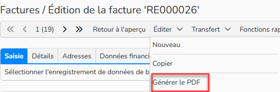 Capture d'écran mettant en évidence la fonction Générer le PDF