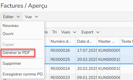 Capture d'écran mettant en évidence le menu Editer / Générer le PDF