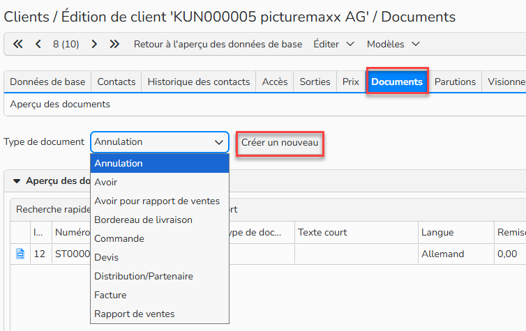 Capture d'écran montrant comment créer un document financier. L'onglet document et le bouton Nouveau document sont mis en évidence