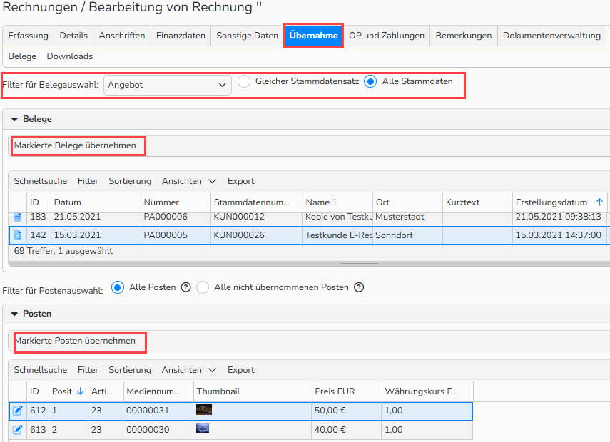 Screenshot des Rechnungsfensters mit geöffnetem und hervorgehobenem Tab Übernahme. Die hervorgehobenen UI‑Elemente zeigen, wie man Posten aus anderen Finanzdokumenten überträgt.