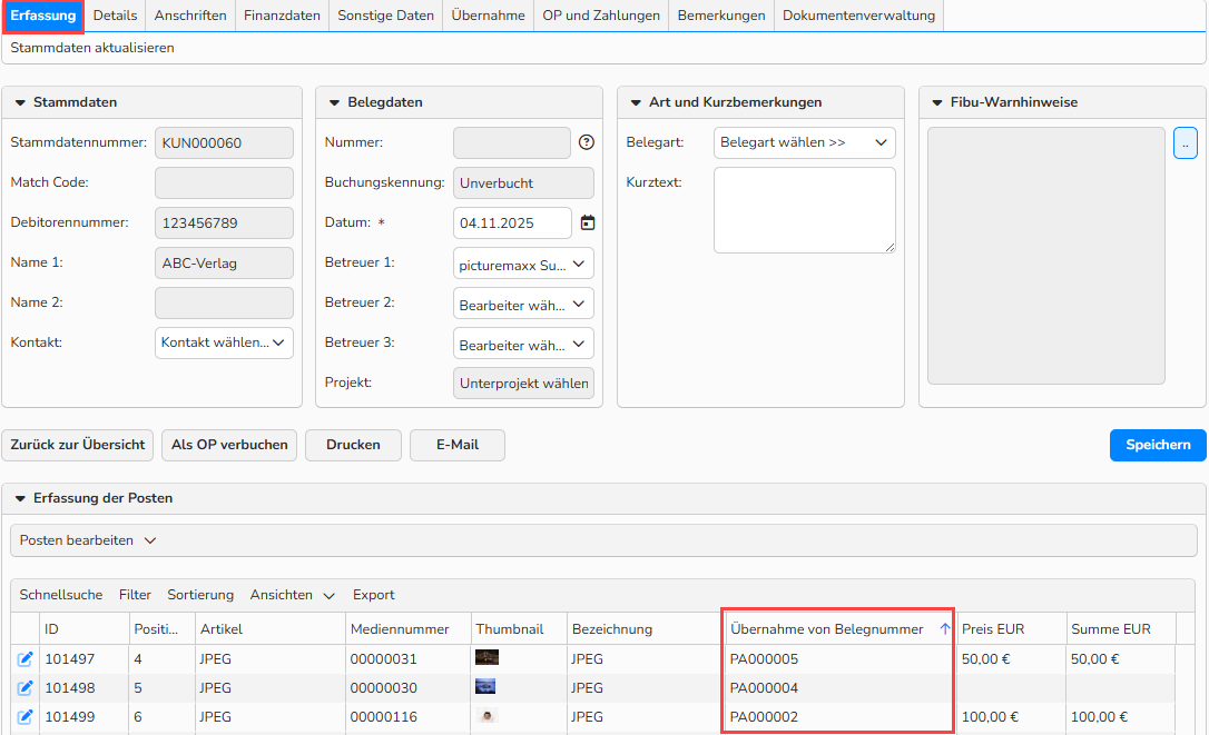 Screenshot des Rechnungsfensters mit geöffnetem und hervorgehobenem Tab Erfassung. Das Feld Übernahme von Belegnummer ist hervorgehoben, um die ursprünglichen Belegnummern anzuzeigen.