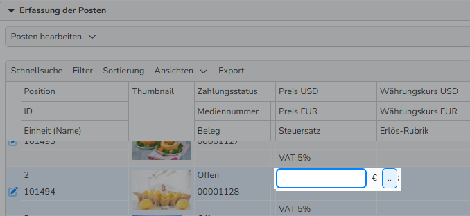 Screenshot des Fensters Bearbeitung von Rechnung mit geöffnetem Bereich Erfassung der Posten. Das Feld Preis ist für die manuelle Eingabe ausgewählt.