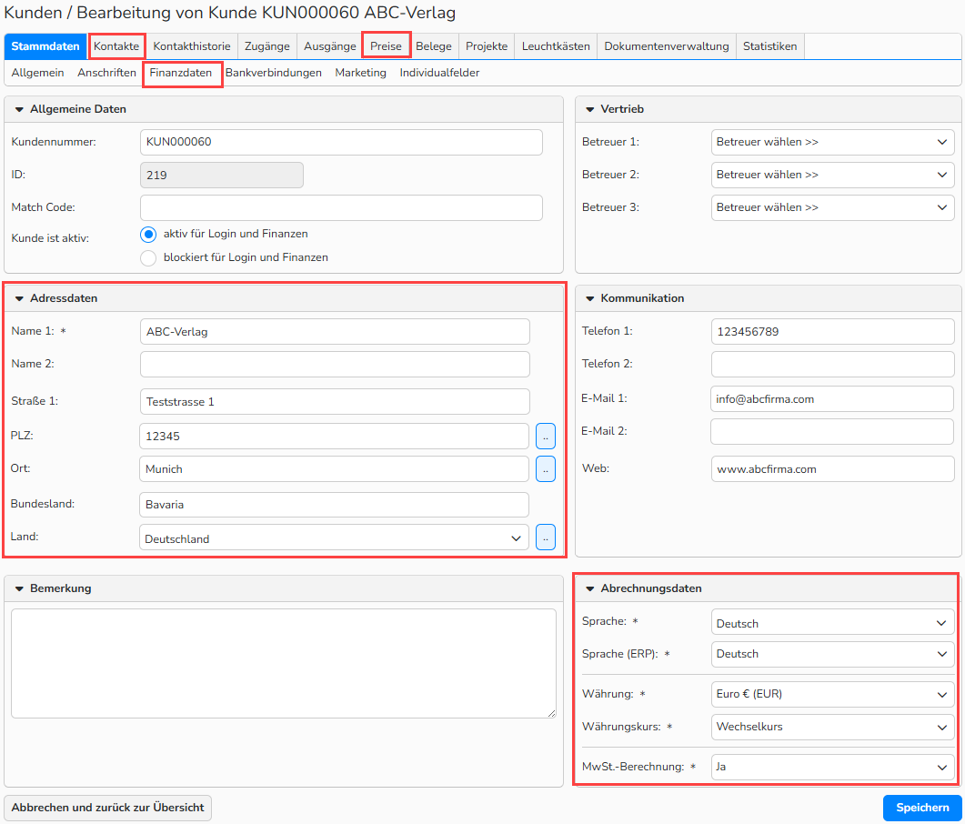 Screenshot des Kunden‑Setup‑Fensters mit Optionen zur Überprüfung der Kundendaten. Hervorgehoben sind folgende UI‑Elemente: Adressdaten und Finanzdaten sowie die Tabs Kontakte, Preise und Finanzen.