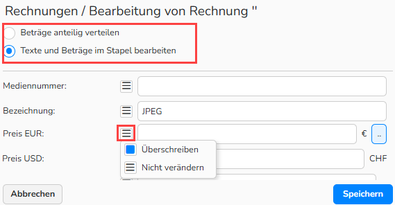 Screenshot eines Dialogs Stapelverarbeitung für Rechnungsposten. Die folgenden UI‑Elemente sind hervorgehoben: Beträge anteilig verteilen, Texte und Beträge im Stapel bearbeiten, sowie das Kontextmenü.